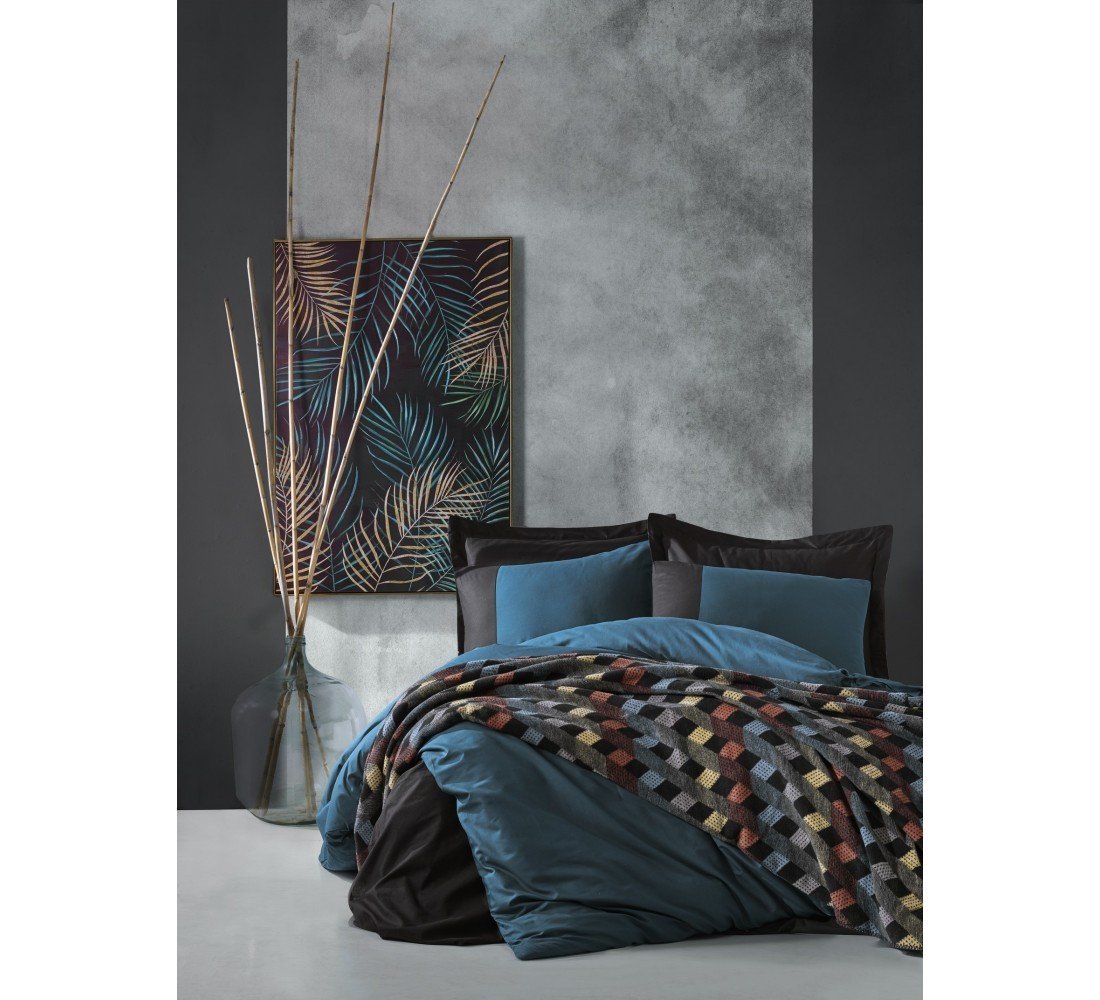 Cotton Box Pamuk Battaniyeli Nevresim Takımı Çift Kişilik Even Petrol-Siyah