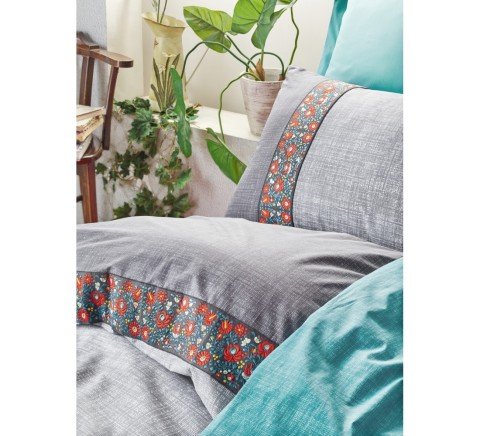 Cotton Box Folk Art Gri Çift Kişilik Nevresim Takımı