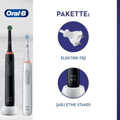 Oral-B Pro 3 3900 Siyah Beyaz 2'li Şarj Edilebilir Diş Fırçası Seti